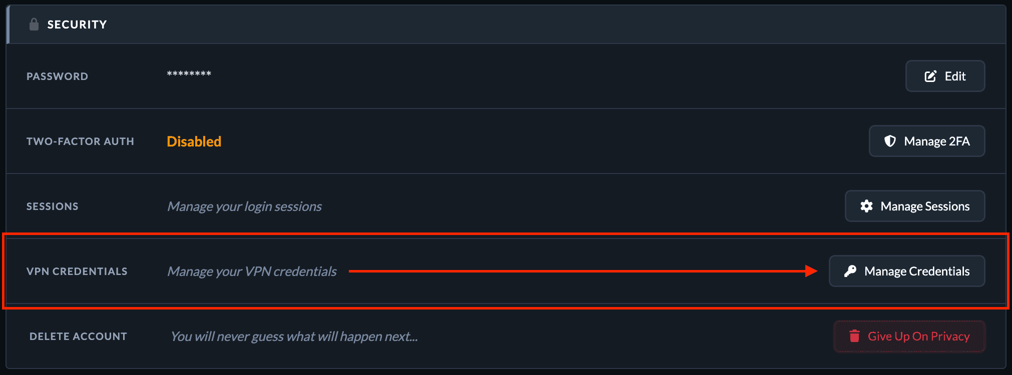 Manage Credentials button