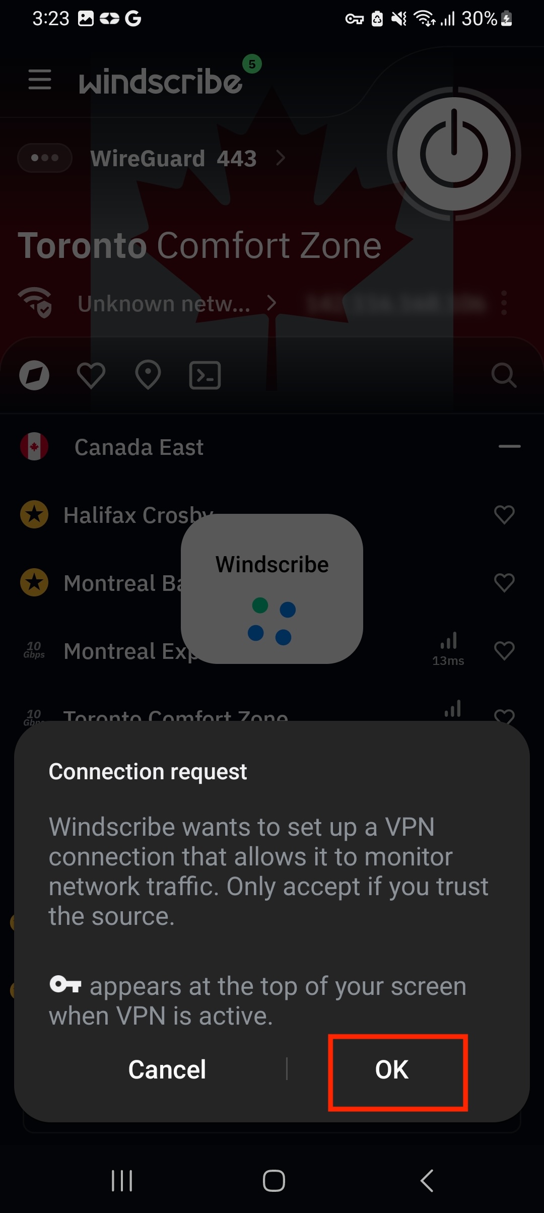 Permissions screen