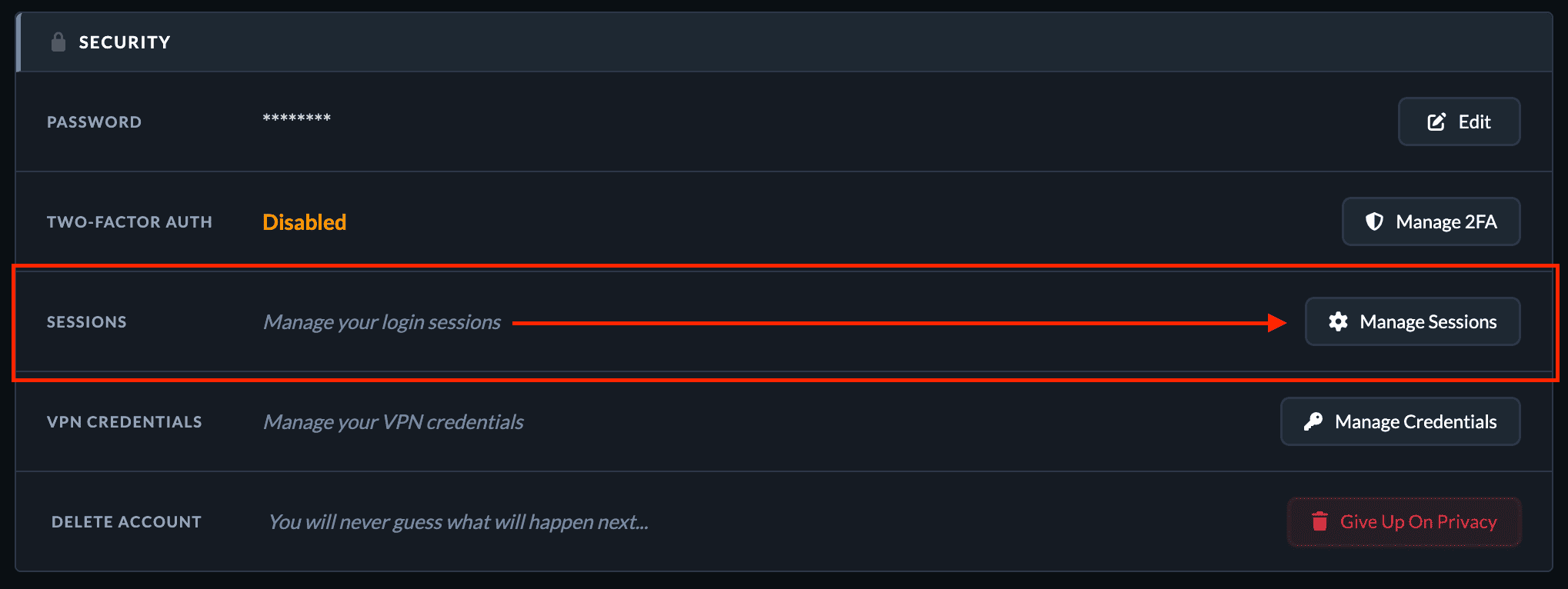 Manage Sessions button