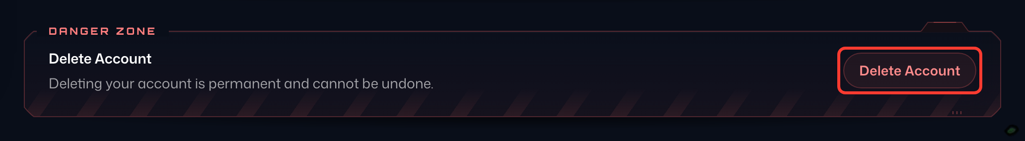 The Danger Zone card on the Account tab, with Delete Account highlighted