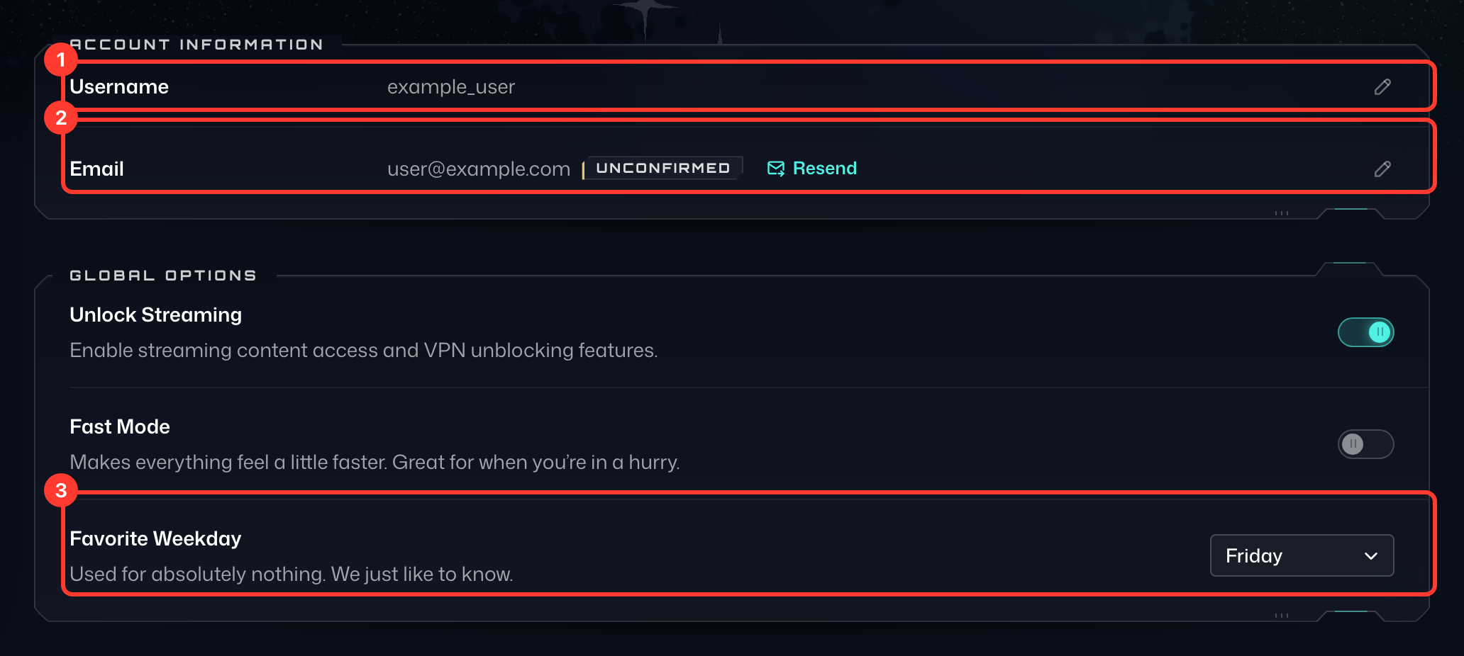 Numbered details on the Account tab