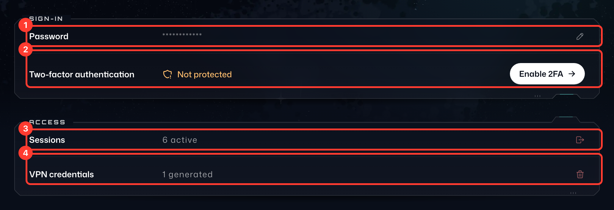Numbered details on the Credentials page under Security