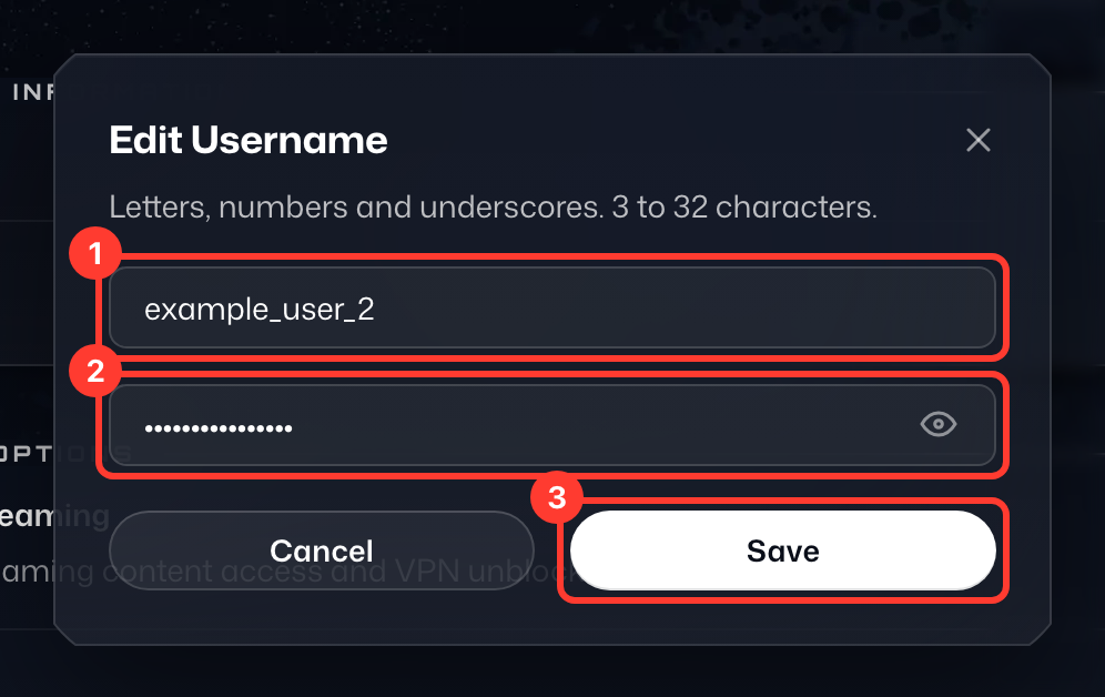 Edit Username dialog with New Username (1), Current password (2) and Save (3) highlighted