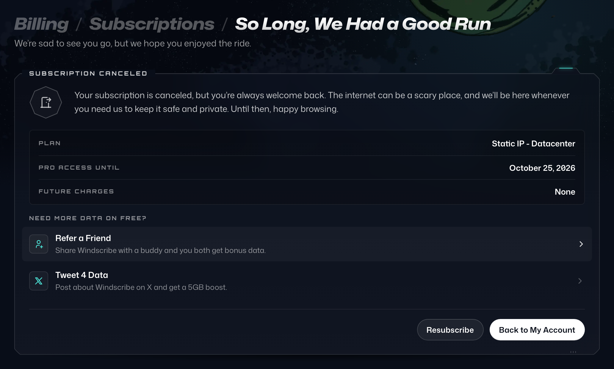 The So Long, We Had a Good Run page for a Static IP subscription, showing Subscription Canceled