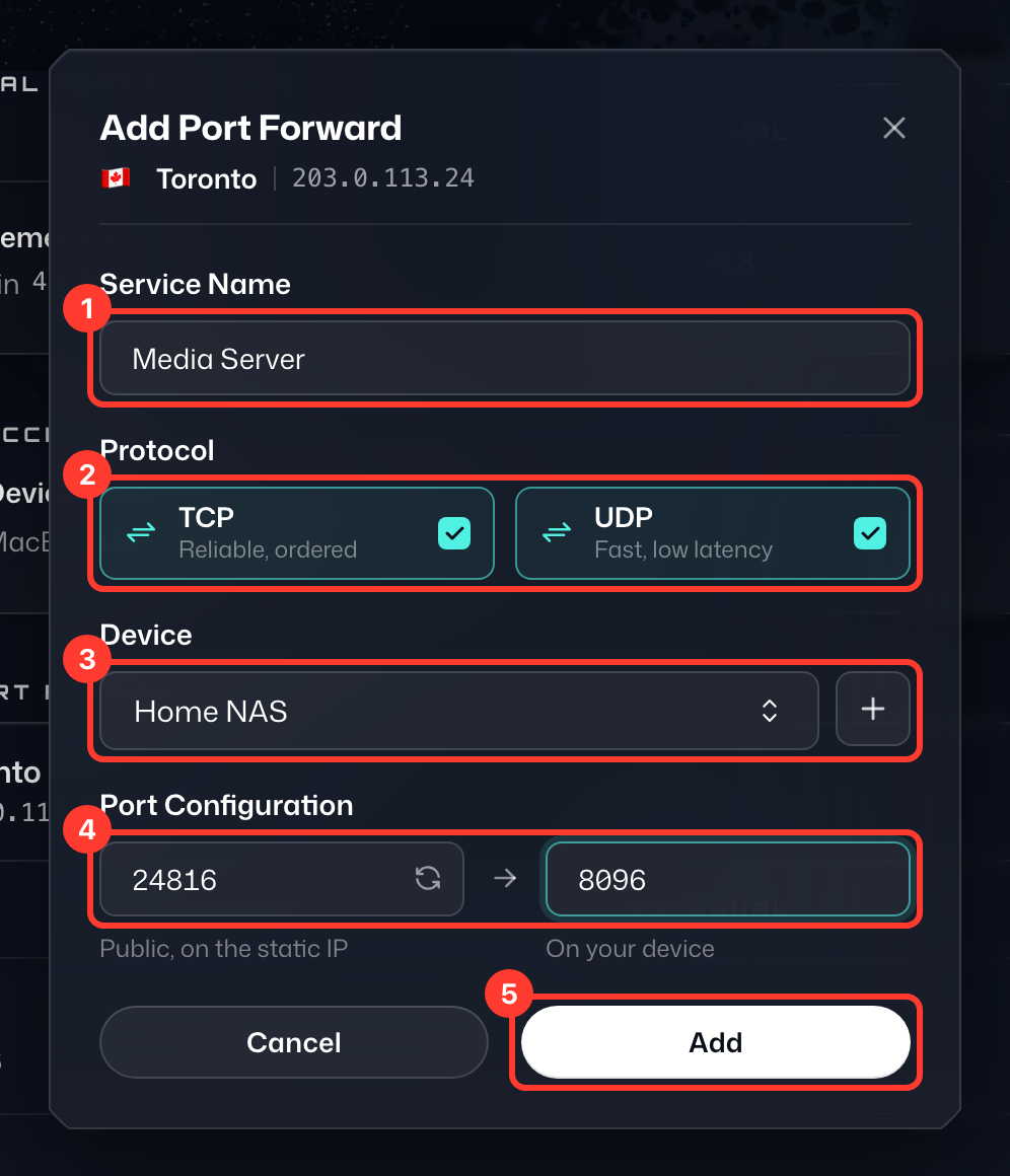 Add Port Forward form with Service Name (1), Protocol (2), Device (3), Port Configuration (4) and Add (5) highlighted