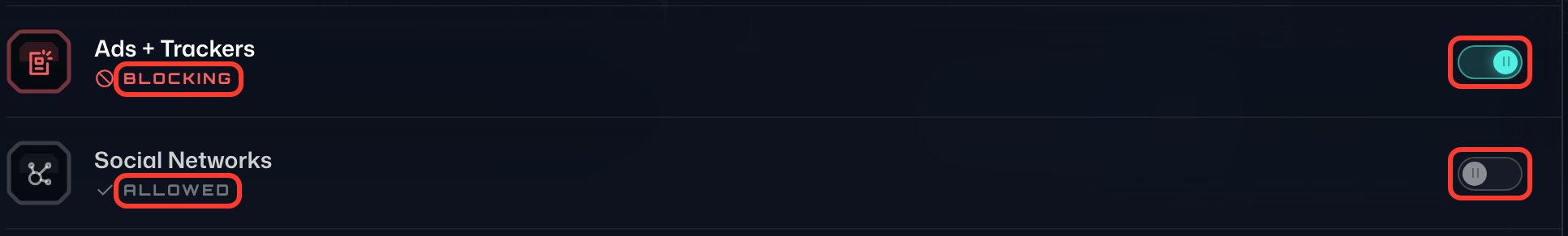 The Ads + Trackers list switched on and showing Blocking, above Social Networks switched off and showing Allowed