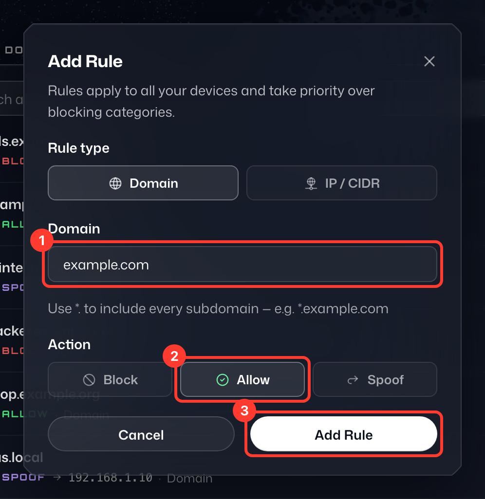 The Add Rule dialog, with example.com entered, Allow selected and Add Rule numbered 1 to 3