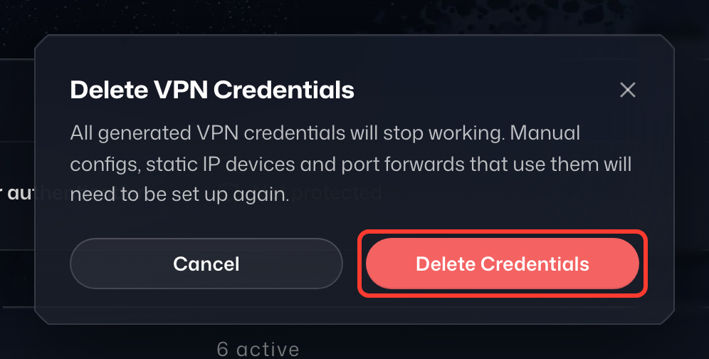 The Delete VPN Credentials dialog, with Delete Credentials highlighted