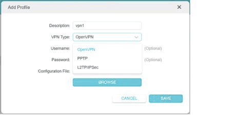 TP-Link Add Profile dialog with OpenVPN selected in the VPN Type list
