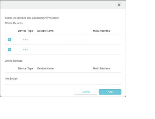 TP-Link device selection dialog for choosing which devices use the VPN server